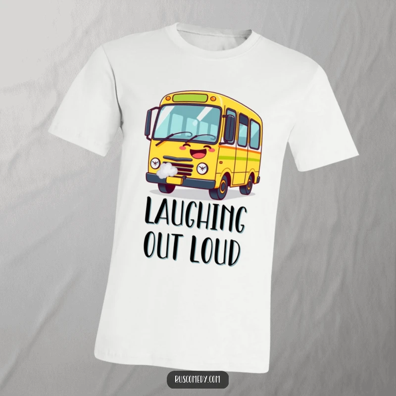 Funny Bus T-Shirt showing a character bursting with laughter, steam puffing comically from its exhaust.