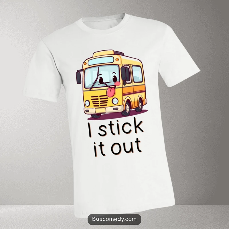 Funny t-shirt featuring a playful bus character humorously sticking its tongue out like a vibrant banner.