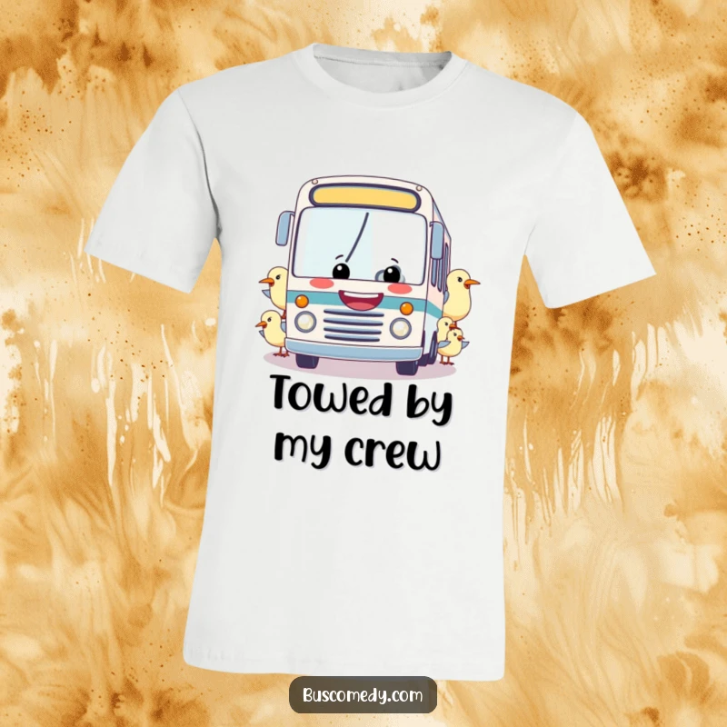Funny t-shirt: A big-grinned bus being towed by a friendly flock of birds, depicting a comical and uplifting journey for humor lovers.