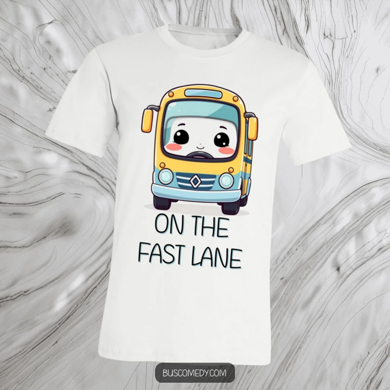 Funny Kawaii Bus T-Shirt with a large smile, driving a small race car, radiating pure fun and enthusiasm.