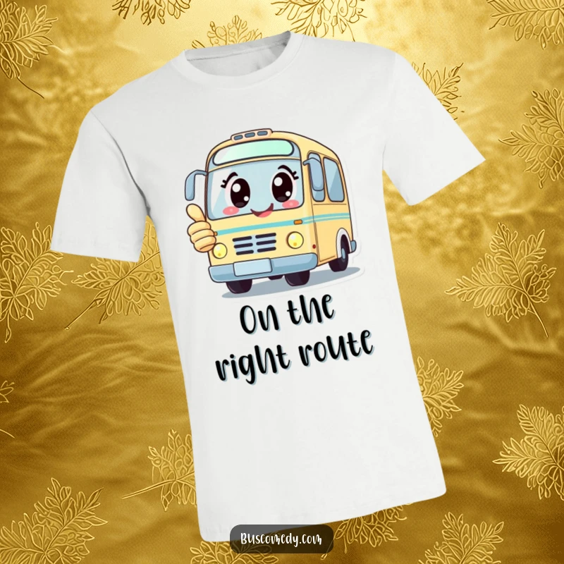 Funny kawaii bus character with big happy eyes gives a thumbs up on a comfortable t-shirt.