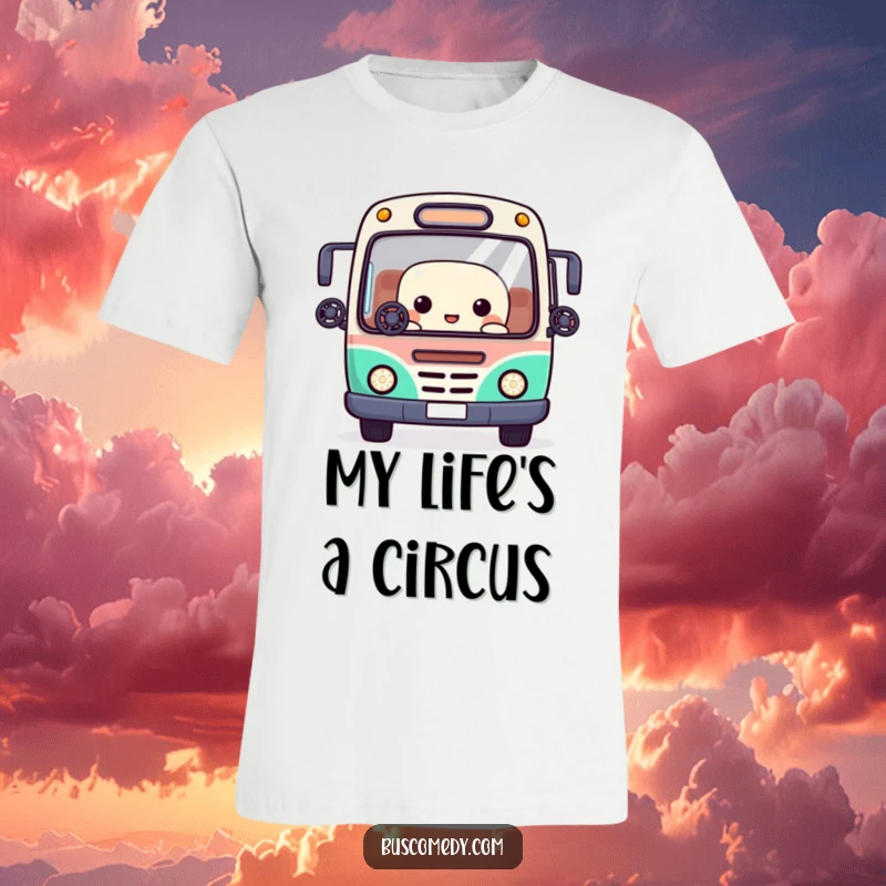 Funny t-shirt with a Kawaii bus character skillfully juggling small steering wheels using its window-like eyes.