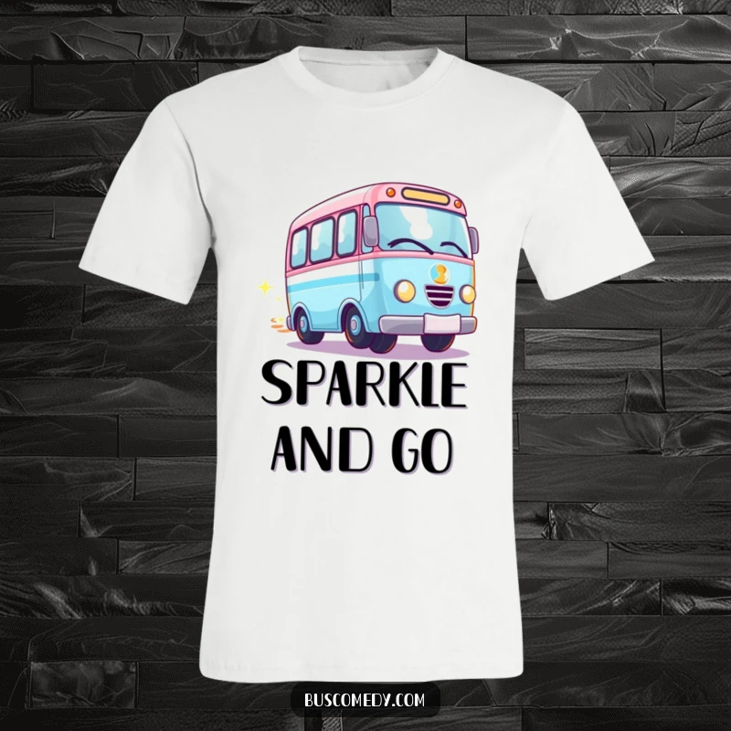 Funny Kawaii bus t-shirt, a bus character speeding along with spinning wheels and a glittery trail.