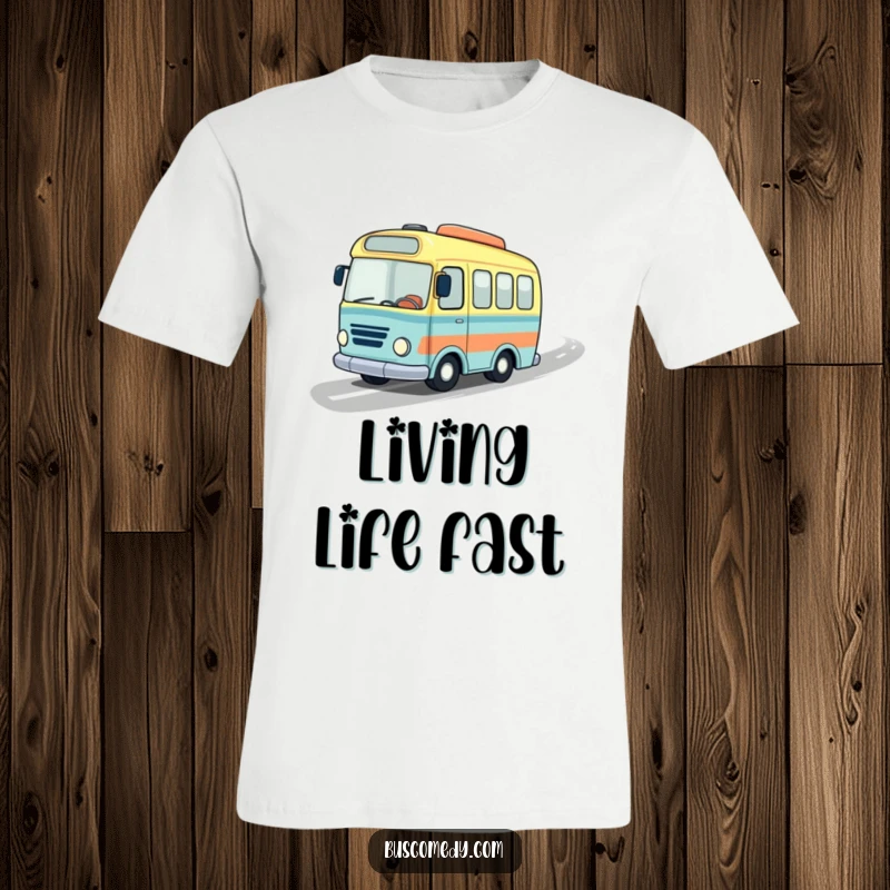 Funny t-shirt with a little bus in a jaunty hat, speeding along a wavy road, capturing a sense of playful motion and excitement.