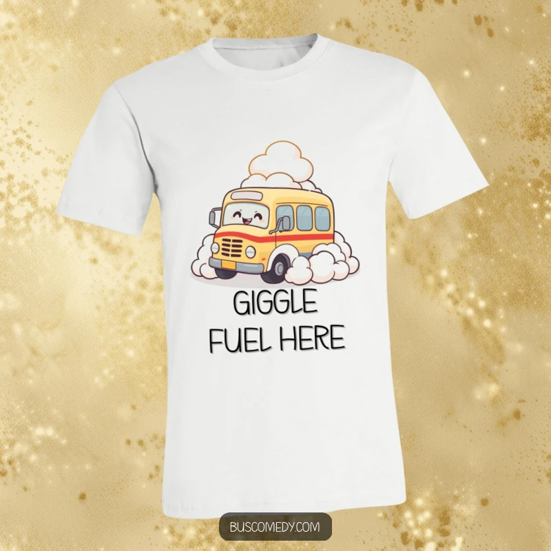 Funny t-shirt with a cute bus character gleefully tumbling into fluffy clouds, its expression full of laughter.
