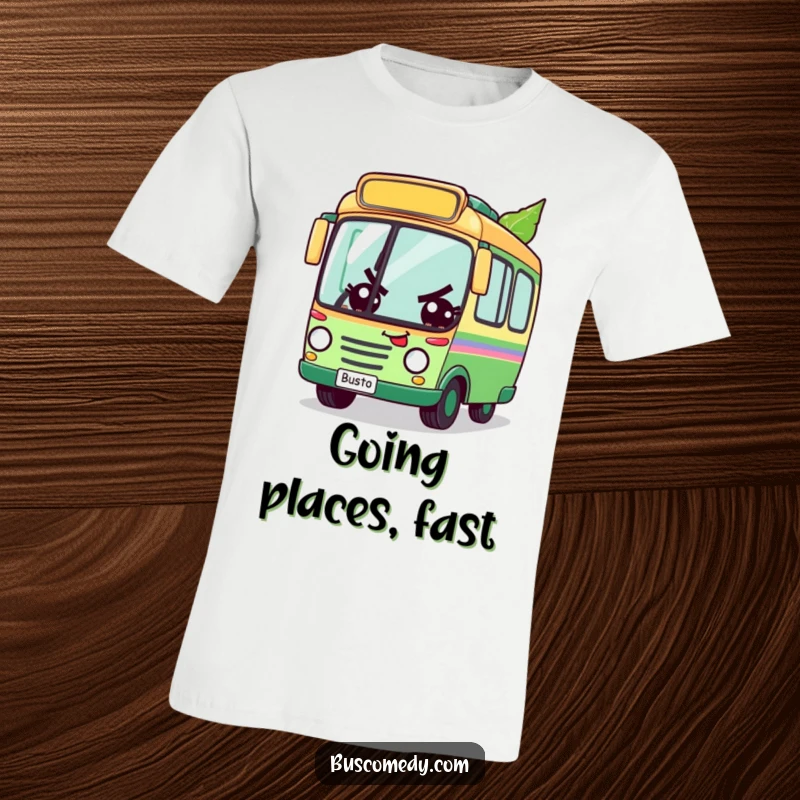 Funny t-shirt with a determined bus character racing a leaf, conveying a message of perseverance with quirky humor, an excellent funny gift.