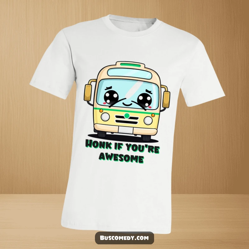 Funny kawaii bus t-shirt, big cheerful eyes, friendly honking, cute transportation character, spread happiness.