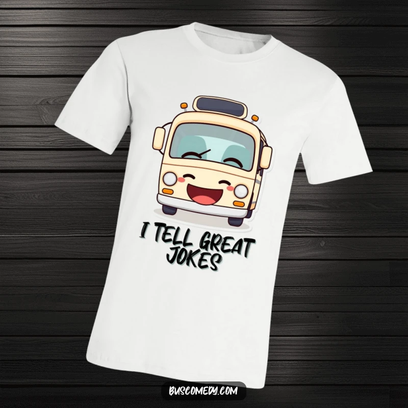 Funny bus t-shirt with mouth open in a gleeful giggle, humorously sharing a joke, vibrant and joyful design.