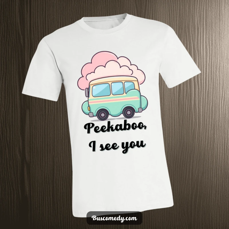 Funny t-shirt showing a shy bus character cautiously peeking from behind a bright, multi-colored cloud. This design is subtly amusing.