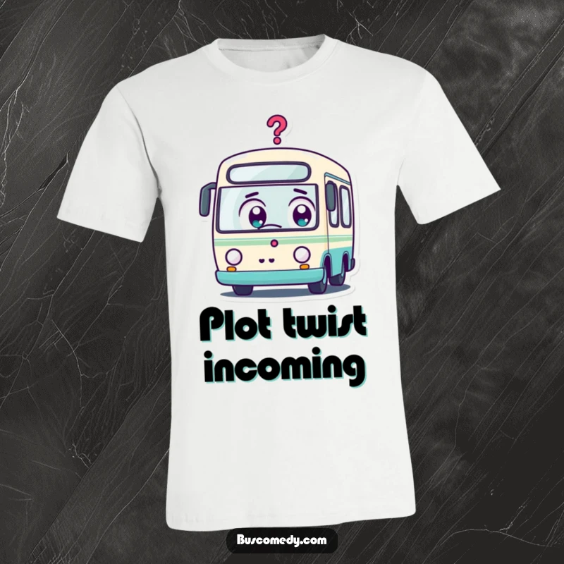 Funny Kawaii Bus T-Shirt: A kawaii bus character with shocked, wide eyes and a question mark overhead, evoking surprise.