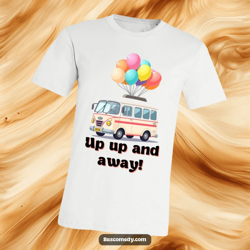 Funny Kawaii Bus Balloon T-Shirt with a cute bus character balancing many colorful balloons on its roof, cheerful and fun.