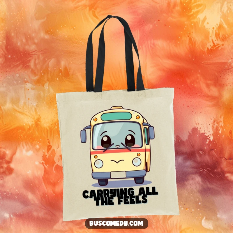 Funny Kawaii Bus Tote Bag with a giggling bus character expressing comical surprise, ideal for shopping and smiles.
