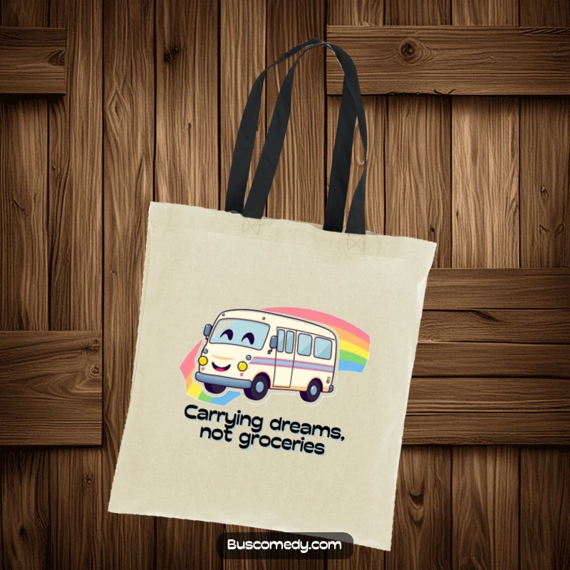 Funny tote bag featuring a smiling bus character cruising along a vibrant rainbow, practical and full of cheer.
