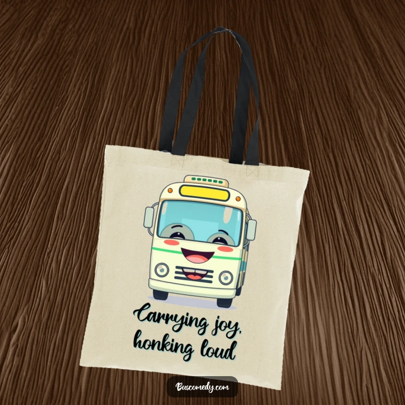 Funny tote bag showcasing a bus with a wide grin, playfully honking its horn, a cheerful companion for errands.
