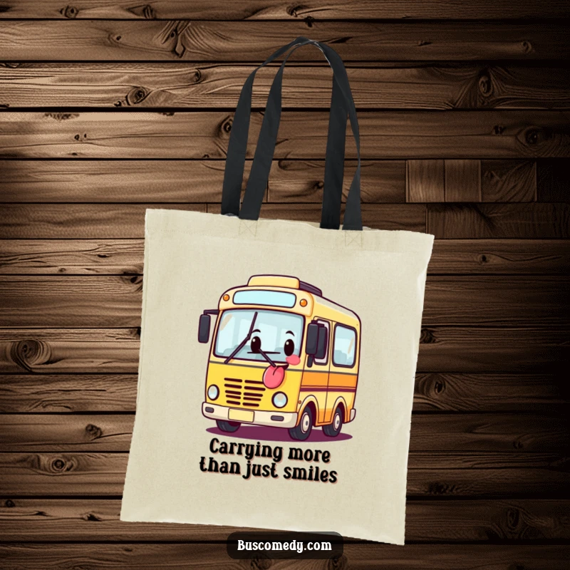 Funny tote bag with a playful bus character sticking its tongue out, designed for stylish and comical carrying.