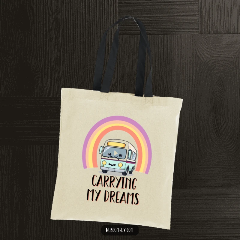 Funny kawaii bus character with a big smile, joyfully driving through a vibrant rainbow arch, on a durable and stylish tote bag.