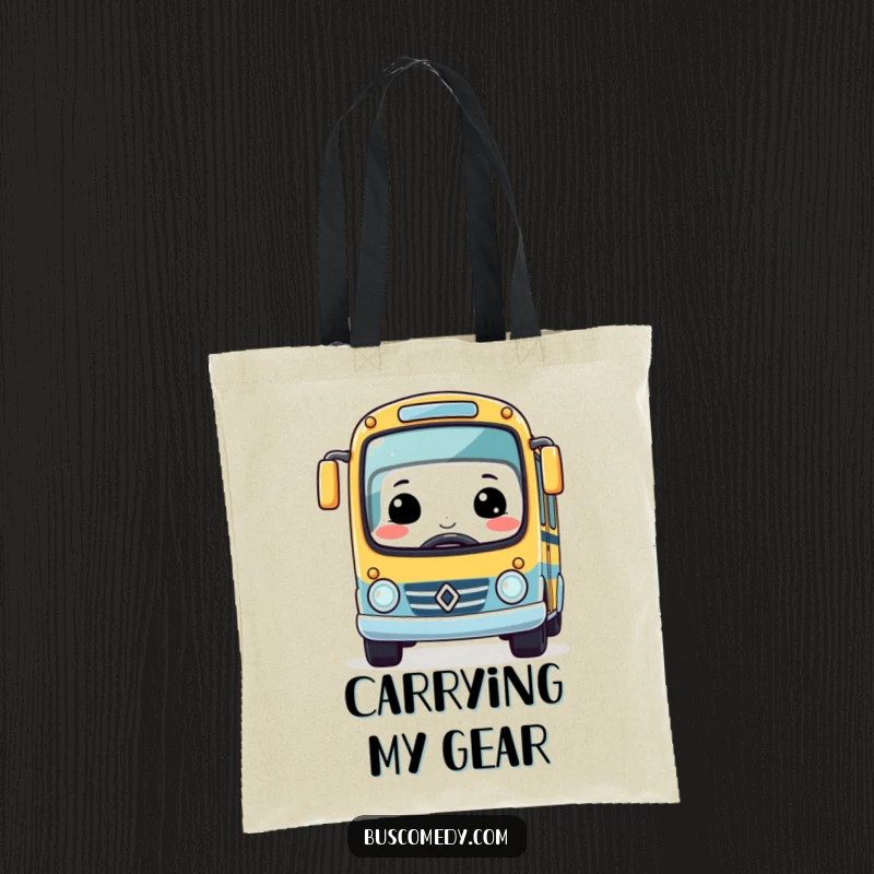 Funny Kawaii Bus Tote Bag with a wide smile, driving a miniature race car, perfect for carrying items with style.