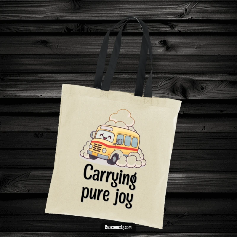 Funny tote bag featuring a bus character joyfully rolling into a pile of soft clouds and giggling.