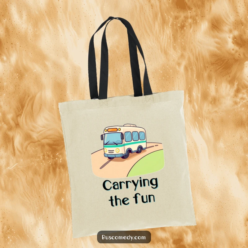 Funny tote bag with a cute bus character rolling downhill, headlights twinkling with excitement, perfect for carrying your adventurous spirit.