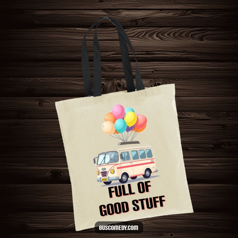 Funny Kawaii Bus Balloon Tote Bag showing a cute bus character balancing a stack of colorful balloons, perfect for carrying fun.