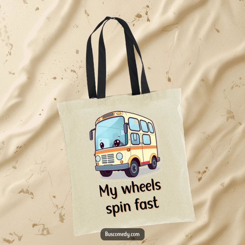 Funny tote bag featuring a cute bus character with wheels spinning with enthusiasm, perfect for daily adventures. This accessory is both practical and amusing.
