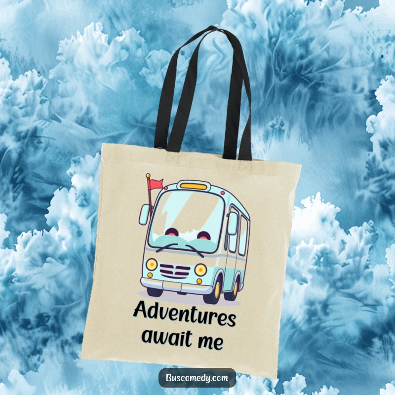 Funny Kawaii bus tote bag, a cheerful bus character waving a small flag, perfect for all your needs.