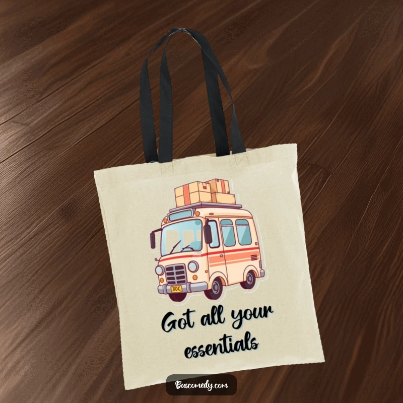 Funny tote bag depicting a small bus character balancing a precarious stack of packages on its roof for delivery.