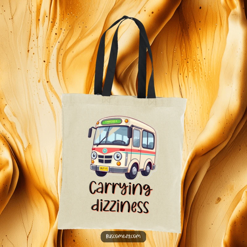 Funny Tote Bag showcasing a bus character looking dizzy, with wheels spinning in a humorous blur, a playful accessory.