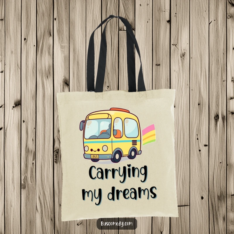 Funny Kawaii Bus Tote Bag: A happy, smiling kawaii bus character travels on a vibrant rainbow, a perfect accessory for cheerful errands.