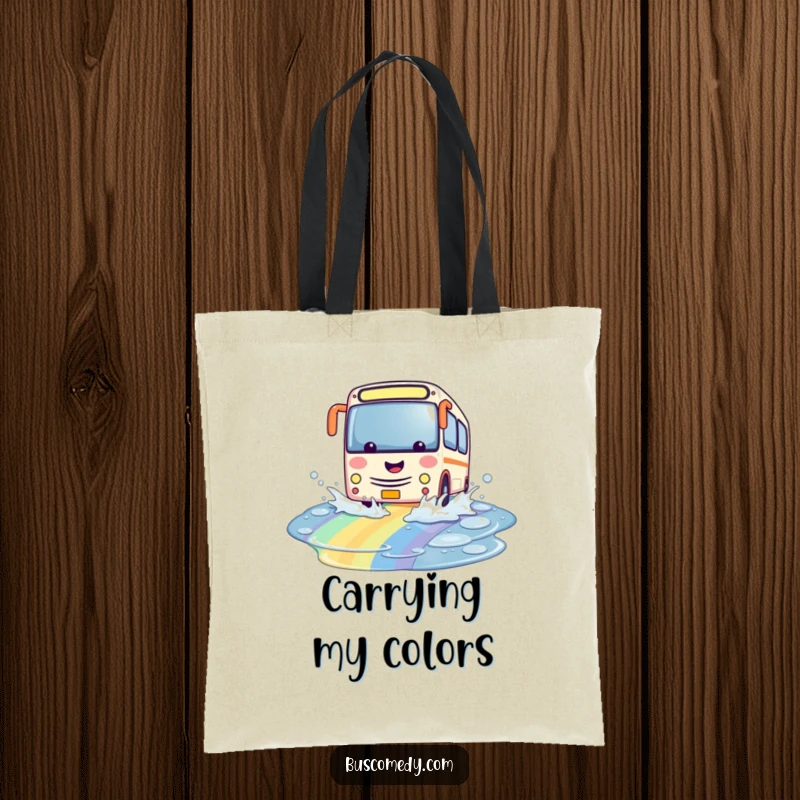 Funny kawaii bus tote bag, character playfully splashing through a colorful rainbow puddle, vibrant and functional accessory.