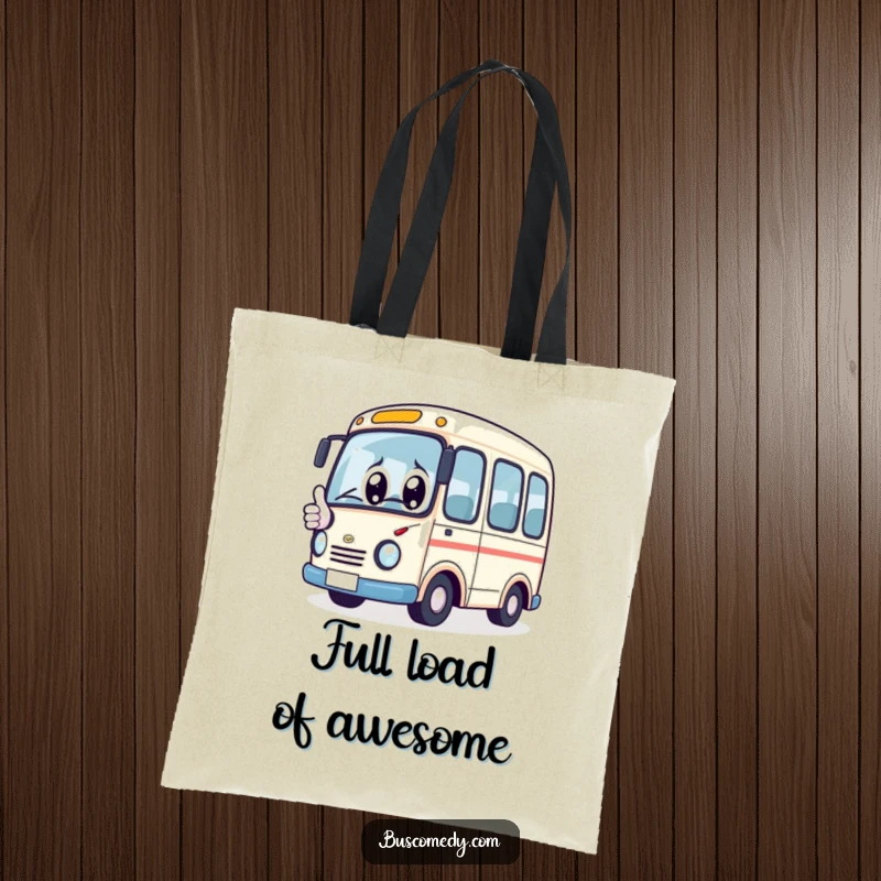 Funny Tote Bag: Kawaii bus character with big eyes, giving a thumbs up, a cheerful and practical accessory.