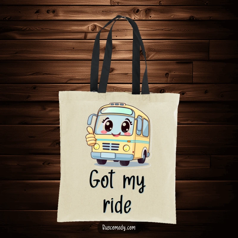 Funny tote bag with a kawaii bus character with big happy eyes giving a thumbs up, perfect for daily use.