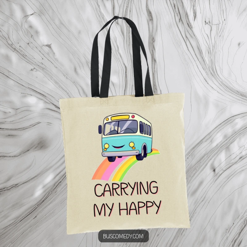 Funny canvas tote bag adorned with a cheerful smiley bus driving on a bright, multi-colored rainbow.