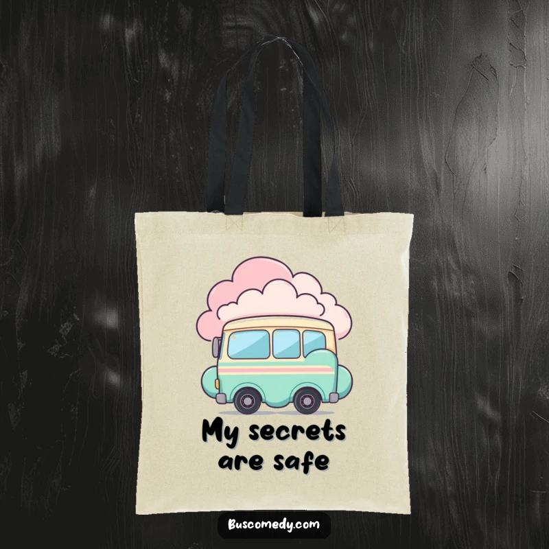 Funny tote bag featuring a shy bus character peeking from behind a colorful cloud. This accessory is both practical and adorable.