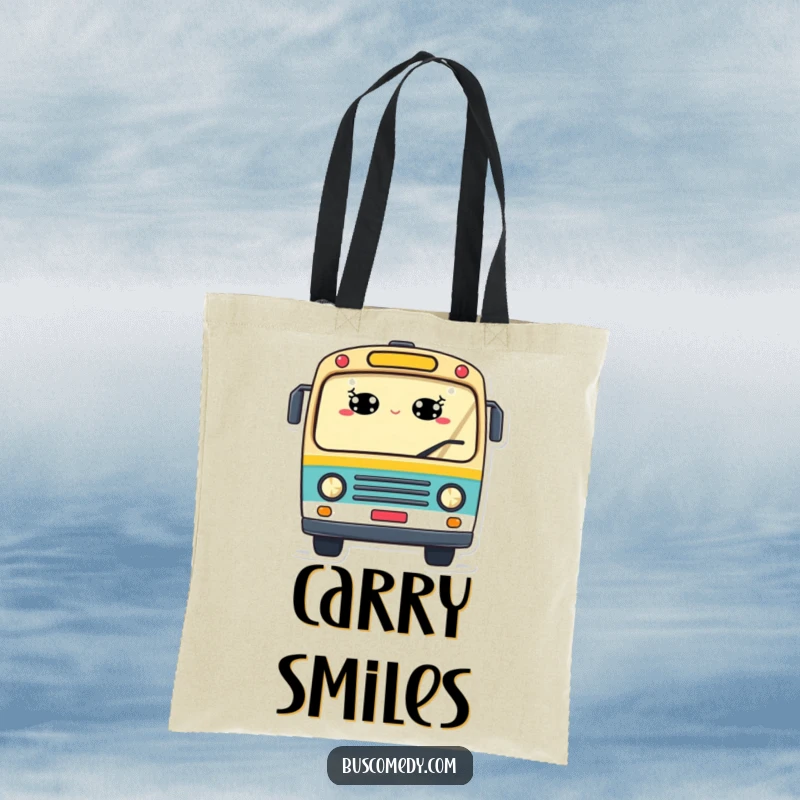 Funny tote bag with a cheerful bus, windows shaped like smiling eyes, and a waving character, ideal for humorous daily use.