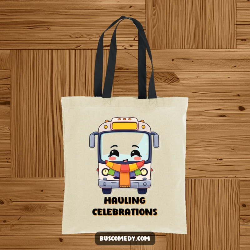 Funny Cheerful Bus Tote Bag, a celebratory bus design perfect for carrying essentials to any event. A useful funny gift.