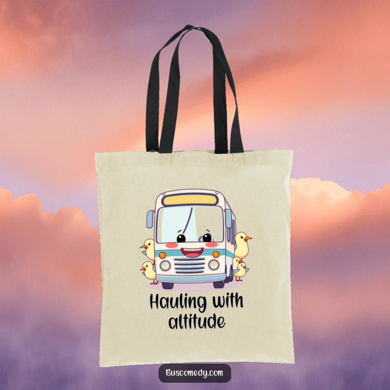 Funny tote bag: A jovial bus, being towed by a friendly flock of birds, symbolizing a humorous and lighthearted commute.