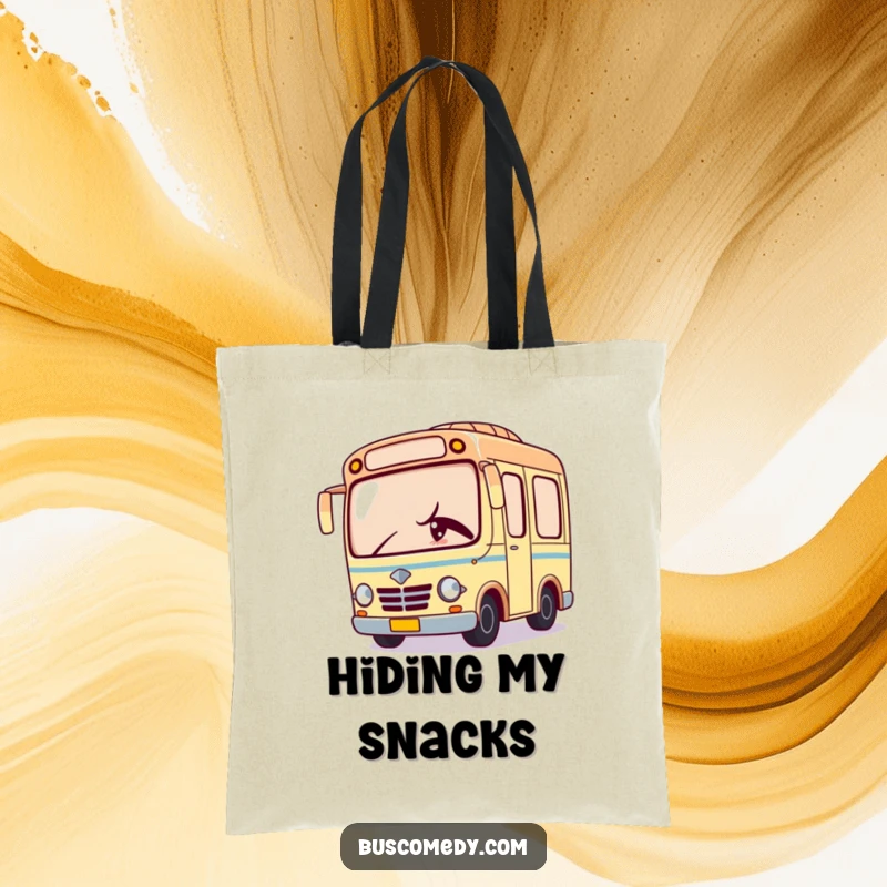 Funny tote bag with a Kawaii bus character peeking mischievously and giving a sly wink, hinting at fun.