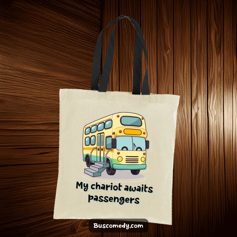 Funny tote bag with a cute bus character enthusiastically extending its stairs, signaling an open and welcoming attitude.