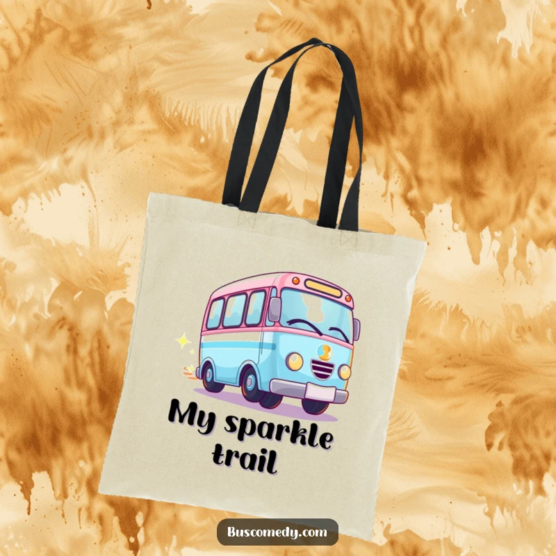 Funny Kawaii bus tote bag, a bus with spinning wheels leaving a trail of sparkles, practical magic.